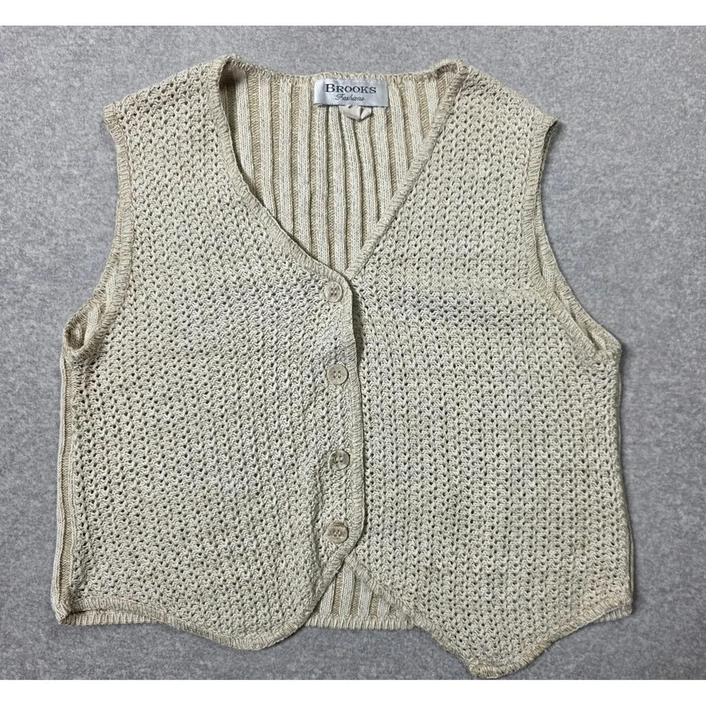 Vintage Brooks Fashions Sweater Vest Womens Medium Beige Open Knit 90s USA Made
